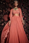 Ridhi Mehra_Peach Blouse Net Embroidery Cape Open Cutwork And Lehenga Set  _Online_at_Aza_Fashions