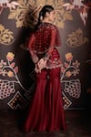 Shop_Ridhi Mehra_Maroon Kurta Net Sharara Organza Embroidery Round Peplum And Set  _at_Aza_Fashions