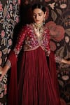 Ridhi Mehra_Maroon Anarkali Silk Embroidery V Neck With Dupatta  _Online_at_Aza_Fashions