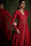 Shop_Ridhi Mehra_Red Anarkali Chanderi Jacquard Dupatta Net Embroidered Floral With  _at_Aza_Fashions
