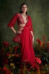 Buy_Ridhi Mehra_Red Blouse Net Embroidered Floral V Chiffon Pre-draped Saree With  _at_Aza_Fashions