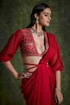 Ridhi Mehra_Red Blouse Net Embroidered Floral V Chiffon Pre-draped Saree With  _Online_at_Aza_Fashions