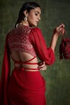 Buy_Ridhi Mehra_Red Blouse Net Embroidered Floral V Chiffon Pre-draped Saree With  _Online_at_Aza_Fashions