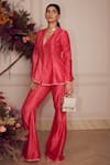 Ridhi Mehra_Pink Chanderi Embroidery Gota Patti V Neck Leelah Peplum Top And Pant Set _Online_at_Aza_Fashions