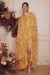 Buy_Ridhi Mehra_Yellow Kaftan Georgette And Inner Mulmul Floral V Mikah  _at_Aza_Fashions