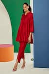 Buy_Ridhi Mehra_Red Silk Notched Fauve Flared Kurta And Tulip Pant Set _at_Aza_Fashions
