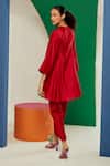 Shop_Ridhi Mehra_Red Silk Notched Fauve Flared Kurta And Tulip Pant Set _at_Aza_Fashions