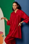 Ridhi Mehra_Red Silk Notched Fauve Flared Kurta And Tulip Pant Set _Online_at_Aza_Fashions