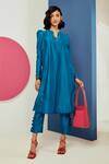 Buy_Ridhi Mehra_Blue Chanderi Notched Reese Kurta And Pant Set  _at_Aza_Fashions