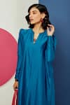 Shop_Ridhi Mehra_Blue Chanderi Notched Reese Kurta And Pant Set  _at_Aza_Fashions