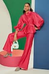 Buy_Ridhi Mehra_Fuchsia Chanderi Spread Collar Jemma Shirt And Flared Pant Set  _at_Aza_Fashions