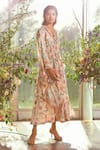 Ridhi Mehra_Beige Chanderi V Neck Floral Print Dress  _Online_at_Aza_Fashions