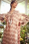 Ridhi Mehra_Peach Georgette Mandarin Collar Chevron Print Dress  _Online_at_Aza_Fashions