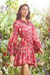 Buy_Ridhi Mehra_Pink Chanderi Notched Collar Printed Dress  _at_Aza_Fashions