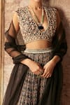 Ridhi Mehra_Black Net V Neck Ikat Print Lehenga Set _Online_at_Aza_Fashions