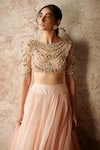 Ridhi Mehra_Peach Net Boat Organza Lehenga Set _Online_at_Aza_Fashions