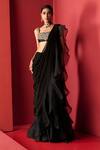 Ridhi Mehra_Black Chanderi Pre-draped Ruffle Saree Set_Online_at_Aza_Fashions