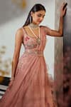 Ridhi Mehra_Pink Net Embroidered Floral Motifs Scoop Neck Floryn Lehenga Set _at_Aza_Fashions