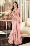 Buy Ridhi Mehra Pink Blouse And Belt Net Saree Chiffon Cosmo Pre-draped Ruffle With at Aza Fashions Buy_Ridhi Mehra_Pink Blouse And Belt Net Saree Chiffon Cosmo Pre-draped Ruffle With _at_Aza_Fashions