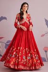 Buy_Ridhi Mehra_Red Net And Silk & Embroidery Block V Anarkali With Dupatta  _at_Aza_Fashions