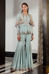 Buy_Ridhi Mehra_Blue Silk And Net & Embroidery Floral Sage Cape & Pant Set _at_Aza_Fashions