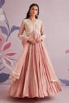 Ridhi Mehra_Pink Anarkali: Silk; Dupatta: Net Embroidered Helenium Ruched With For Women_Online_at_Aza_Fashions