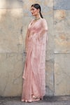 Ranian_Pink Silk Organza Embroidery 3d Sequins V Neck Saree With Blouse _Online_at_Aza_Fashions