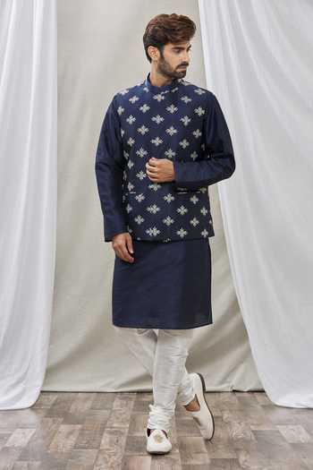 Buy_Rng Safawala_Blue Bundi And Kurta Cotton , Churidar - Dupion Embroidered & Set _at_Aza_Fashions