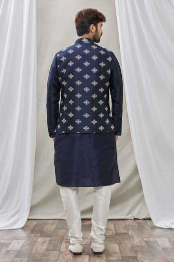 Shop_Rng Safawala_Blue Bundi And Kurta Cotton , Churidar - Dupion Embroidered & Set _at_Aza_Fashions