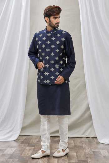 Rng Safawala_Blue Bundi And Kurta Cotton , Churidar - Dupion Embroidered & Set _Online_at_Aza_Fashions