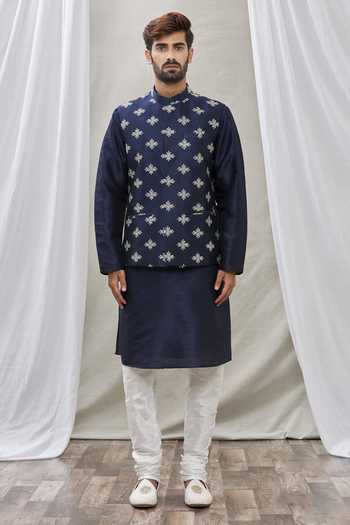Buy_Rng Safawala_Blue Bundi And Kurta Cotton , Churidar - Dupion Embroidered & Set _Online_at_Aza_Fashions