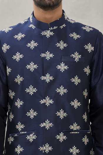 Rng Safawala_Blue Bundi And Kurta Cotton , Churidar - Dupion Embroidered & Set _at_Aza_Fashions