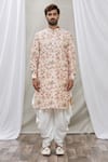 RNG Safawala_Peach Cotton Silk Printed Zari Thread Bundi And Kurta Set _Online_at_Aza_Fashions