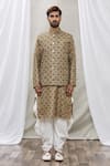 Buy_Rng Safawala_Brown Bundi - Raw Silk, Dhoti Pant - Cotton Silk, Kurta - Dupion Print And Set _Online_at_Aza_Fashions