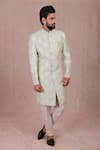 Buy_RNG Safawala_Green Raw Silk Embroidered Sherwani Set _at_Aza_Fashions