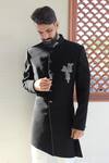 Buy_Rng Safawala_Black French Terry Asymmetric Embroidered Sherwani Set _at_Aza_Fashions