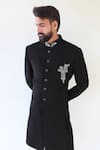 Rng Safawala_Black French Terry Asymmetric Embroidered Sherwani Set _Online_at_Aza_Fashions