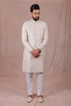 Buy_RNG Safawala_White Raw Silk Embroidered Sherwani Set For Kids For Kids_at_Aza_Fashions