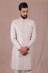 Shop_RNG Safawala_White Raw Silk Embroidered Sherwani Set For Kids For Kids_at_Aza_Fashions