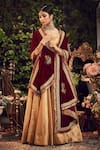 Buy_Ranian_Gold Silk Tissue Lehenga Set With Rosewood Maroon Dupatta _at_Aza_Fashions