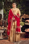 Buy_Ranian_Gold Silk Tissue Kurta Set With Crimson Dupatta _at_Aza_Fashions