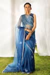 Buy_Priyal Bhardwaj_Blue Silk, Organza Geometric V Neck Saree With Blouse _at_Aza_Fashions
