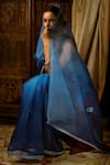 Priyal Bhardwaj_Blue Silk, Organza Geometric V Neck Saree With Blouse _Online_at_Aza_Fashions