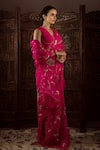 Shop_Priyal Bhardwaj_Pink Silk, Organza Floral V Neck Embroidered Saree With Blouse _at_Aza_Fashions