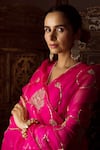 Priyal Bhardwaj_Pink Silk, Organza Floral V Neck Embroidered Saree With Blouse _Online_at_Aza_Fashions