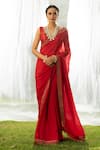 Buy_Priyal Bhardwaj_Red Chinnon Chiffon Embroidered Sweetheart Neck Saree With Silk Blouse _at_Aza_Fashions