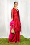 Buy_Priyal Bhardwaj_Red Kurta Set Poly Silk, Stole Organza Floral V Neck With Scallop Dupatta _at_Aza_Fashions