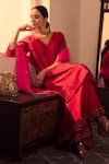 Shop_Priyal Bhardwaj_Red Kurta Set Poly Silk, Stole Organza Floral V Neck With Scallop Dupatta _at_Aza_Fashions