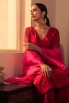Priyal Bhardwaj_Red Kurta Set Poly Silk, Stole Organza Floral V Neck With Scallop Dupatta _Online_at_Aza_Fashions