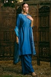 Buy_Priyal Bhardwaj_Blue Kurta Set Poly Silk, Stole Organza Bird Round With Embroidered Dupatta _at_Aza_Fashions